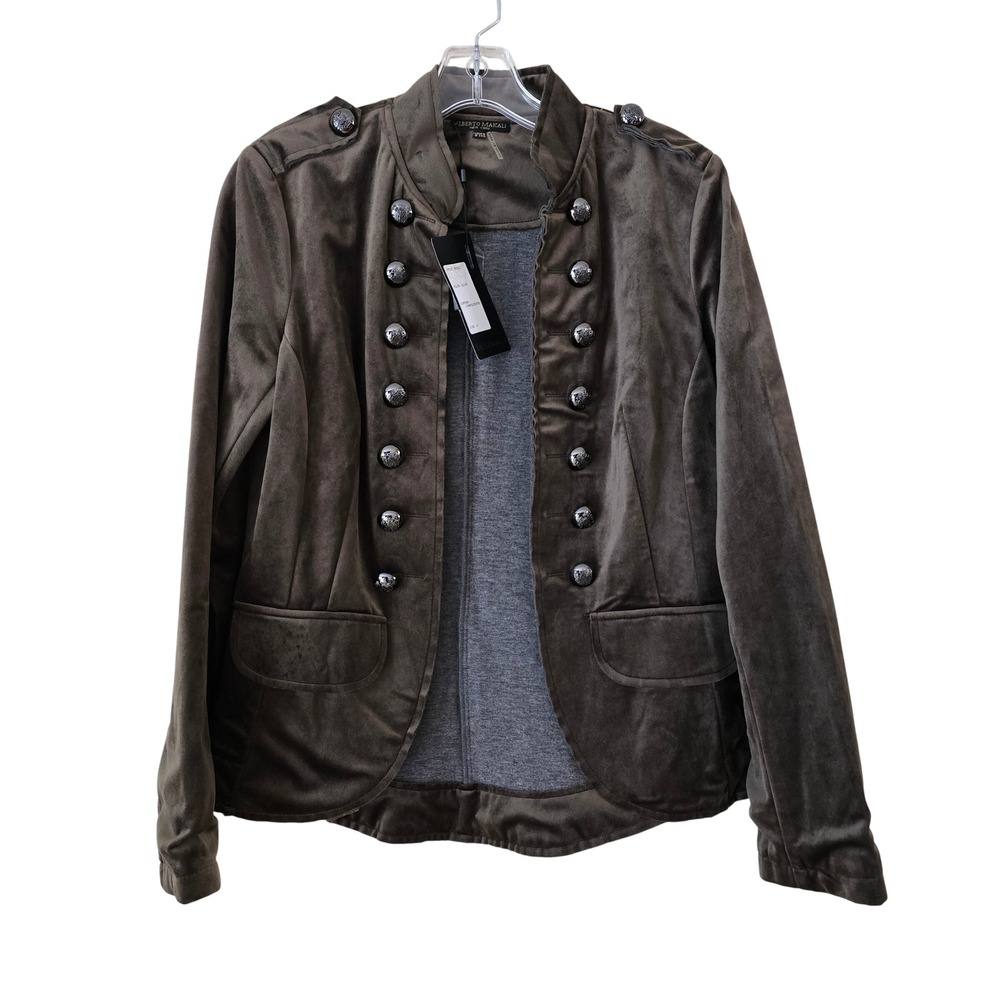 Alberto Makali Military Blazer Jacket Velvet Olive Brown Silver Crest Button 6